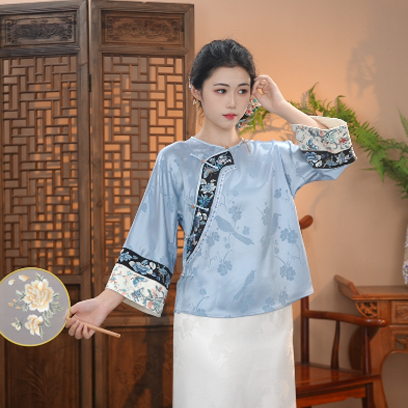 [婉容] 秋季新款醋酸斜襟重工刺绣中国风复古外套新中式圆领上衣