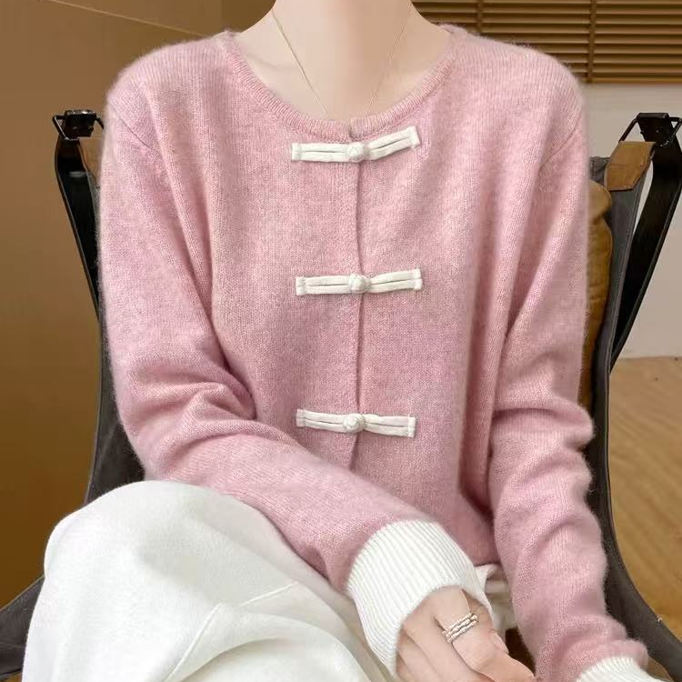 7072  YS复古新中式开衫女圆领拼色长袖毛衣宽松外套