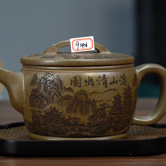9146紫砂茶具 龙背青柴烧刻绘溪山清幽图汉瓦西施壶500cc左右