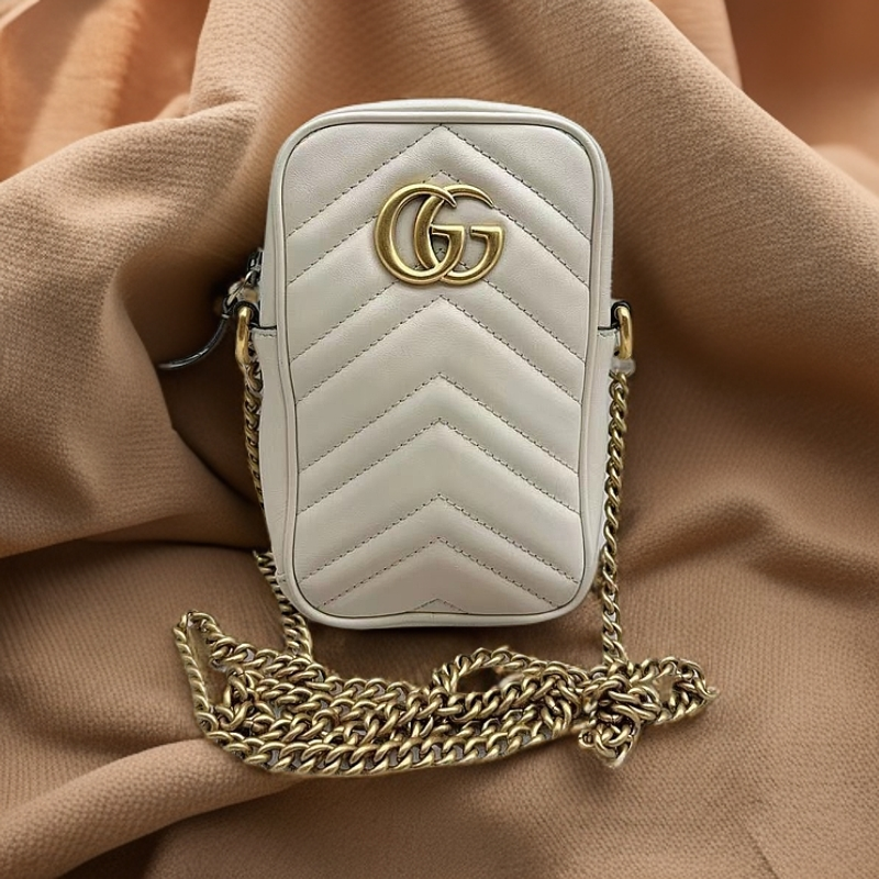 95新 GUCCI/古驰  白色马蒙竖版相机包 1023 2816