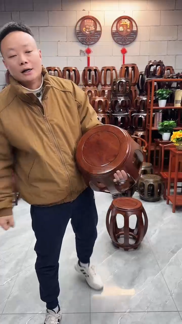 花梨木类家具胡桃色小号鼓凳一对2条