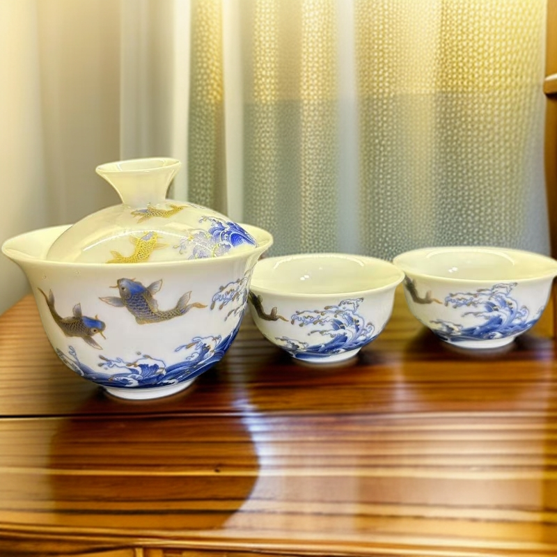 鱼跃龙门盖碗茶杯旅行套2581手工手工高档家用陶瓷白瓷手绘大号