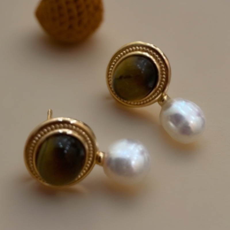 925银耳饰 S925通体银 虎眼石真珠珠耳钉气质