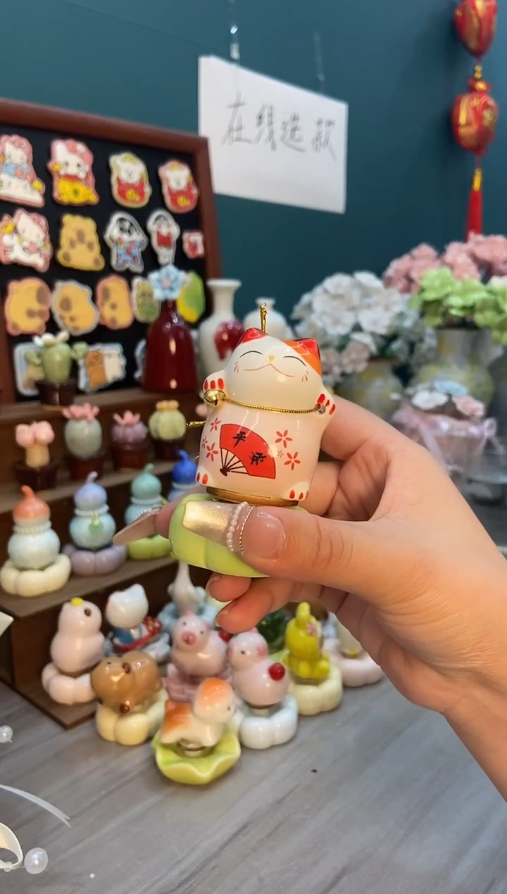 摆件陶粉色招财猫景德镇陶瓷转转1个装