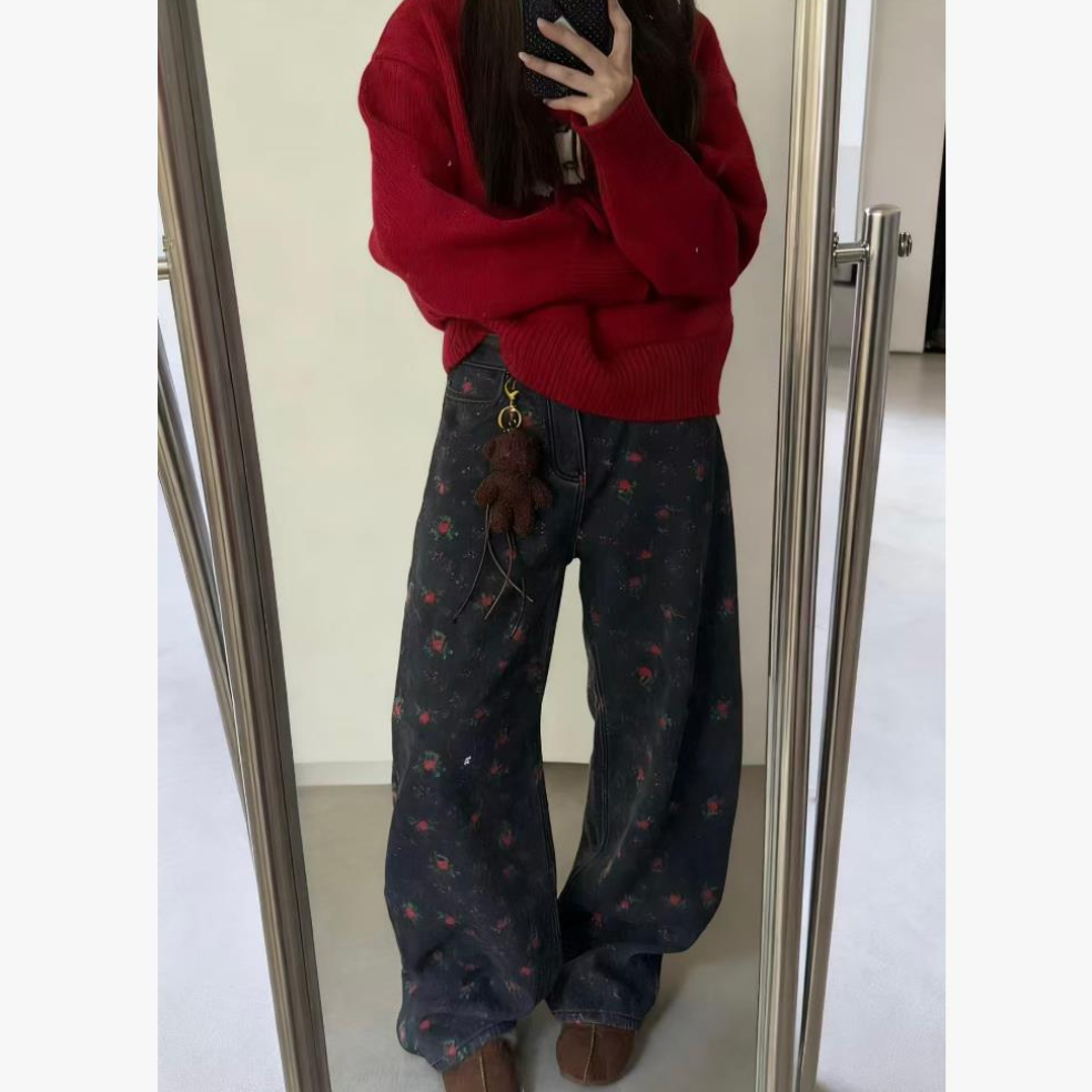 【加绒/不加绒】冬季印花牛仔阔腿裤【今日拍下送小能挂件】293/3093