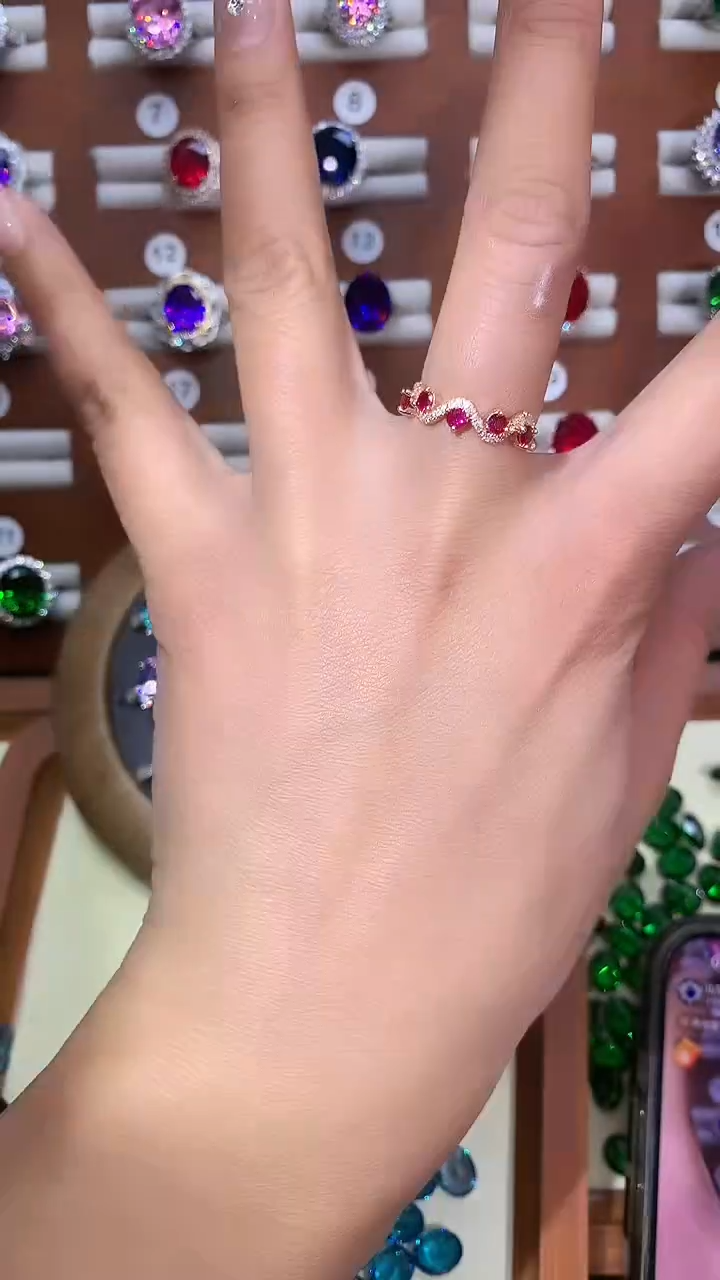 银S925镶嵌戒指红宝石酒红玫瑰金