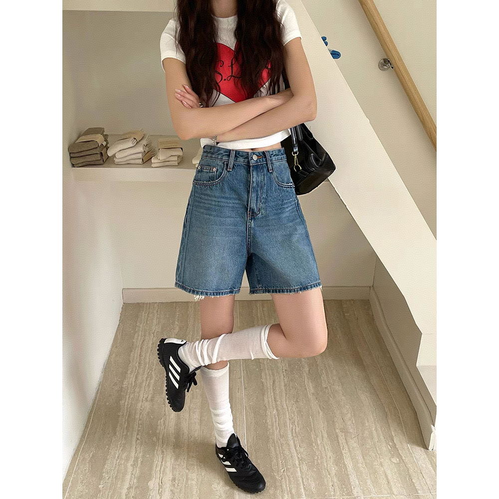 SU【1533】愫玥   代MWMA牛仔裤女新款阔腿短裤显瘦蓝色A字中裤