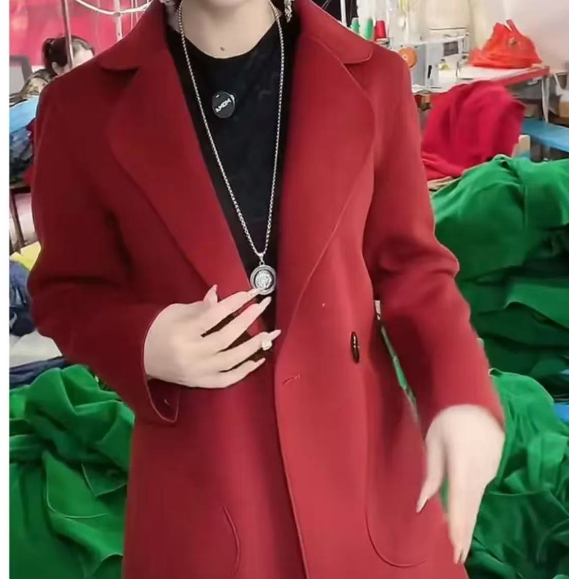 8811-气质显瘦时尚秋冬百搭休闲洋气秋冬双面绿色女士大衣呢子