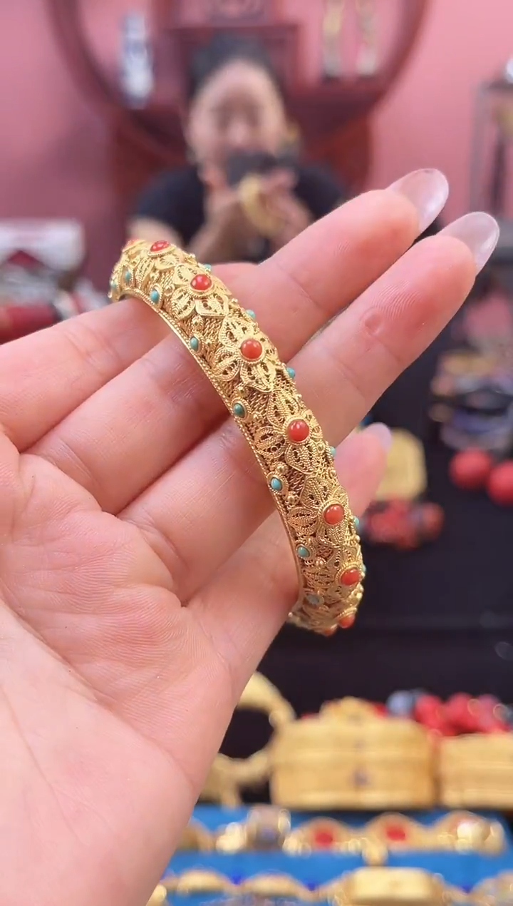 非遗 花丝镶嵌手镯 红色蓝绿 镀金