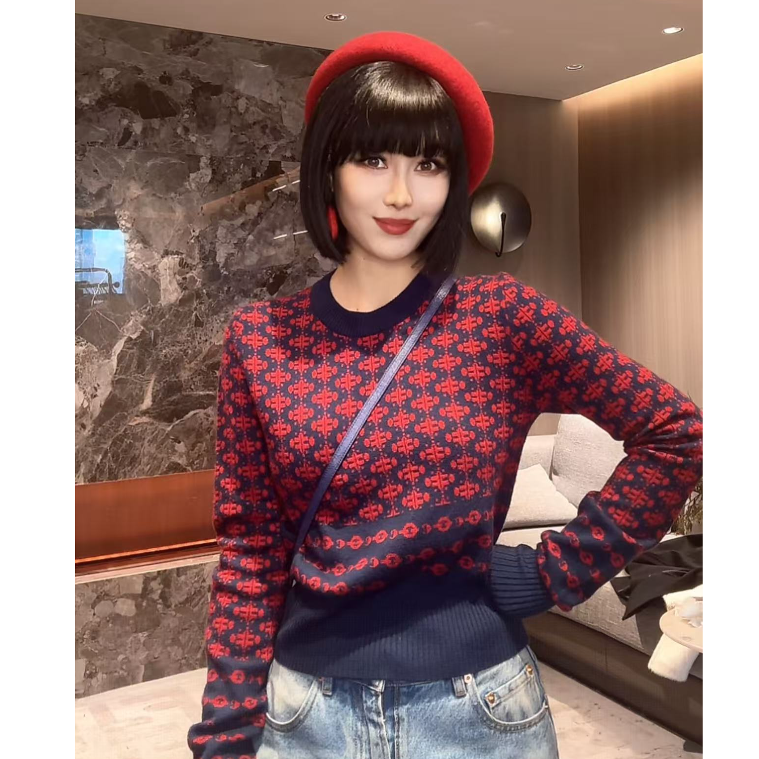 【MUOOT】新款套头时尚长袖保暖百搭红色提花毛衣上衣 E904