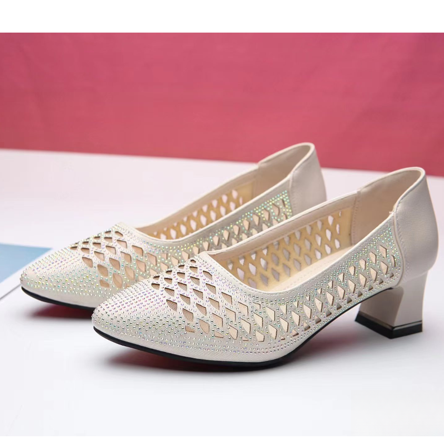 3936镂空网纱凉鞋女粗跟舒适软底中年妈妈鞋包头单鞋中跟时尚