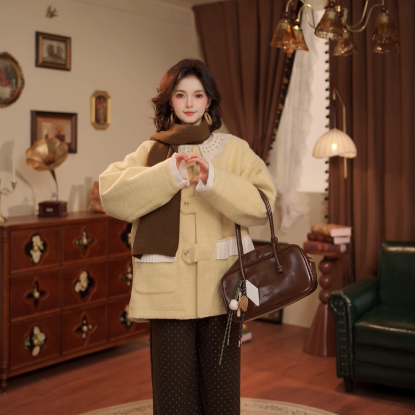 敏恩【秋风微澜】气质港风时尚秋冬花边领棉外套女WQ5269231