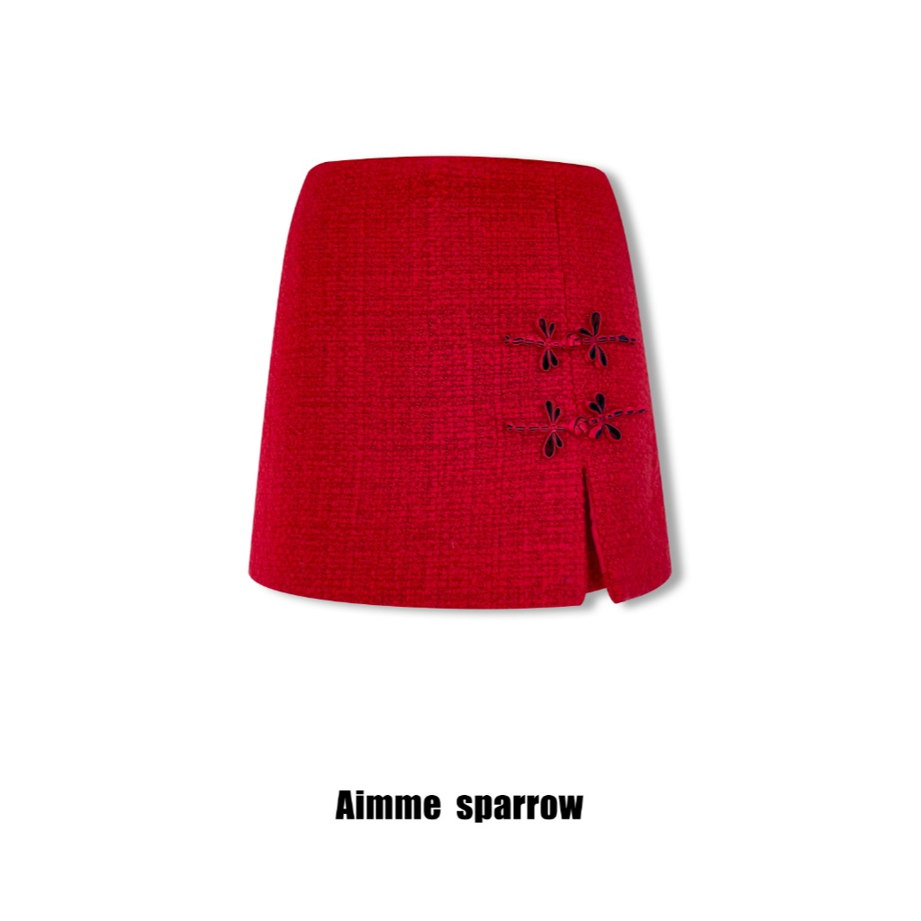 Aimmesparrow红色短裙新年喜庆风冬款时尚