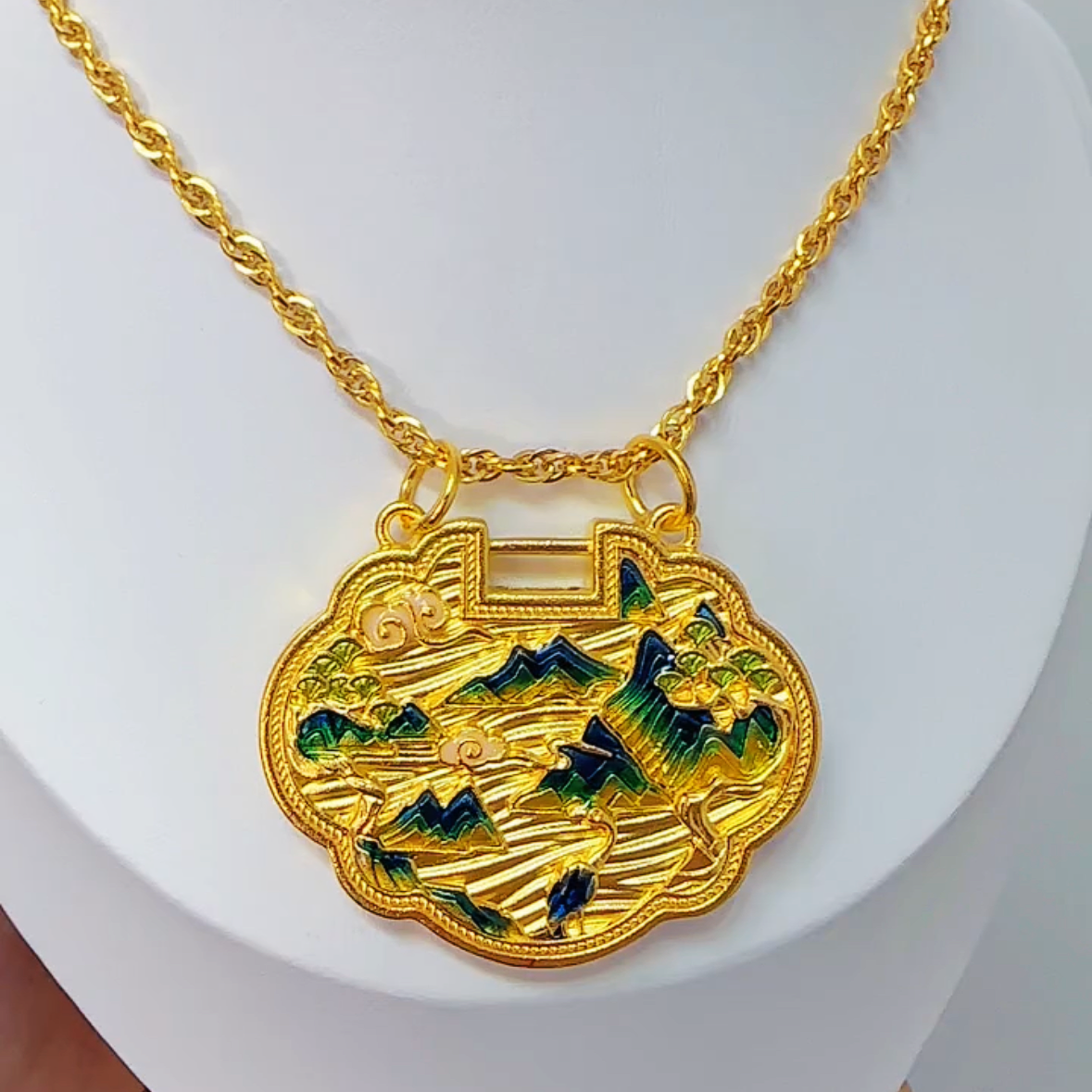 吊坠足银 足银珐琅山水平安锁吊坠古法如意锁仙鹤挂坠复古国风款 