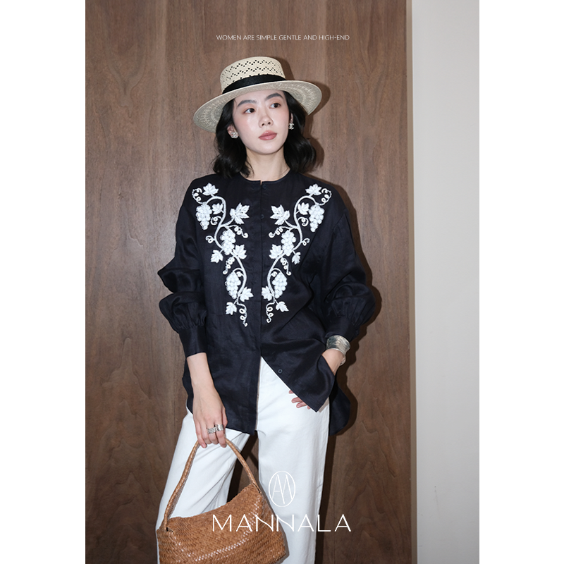 MANNALA丨“小香提”极简通勤宽松重工手工钉珠100亚麻衬衫 Q2437
