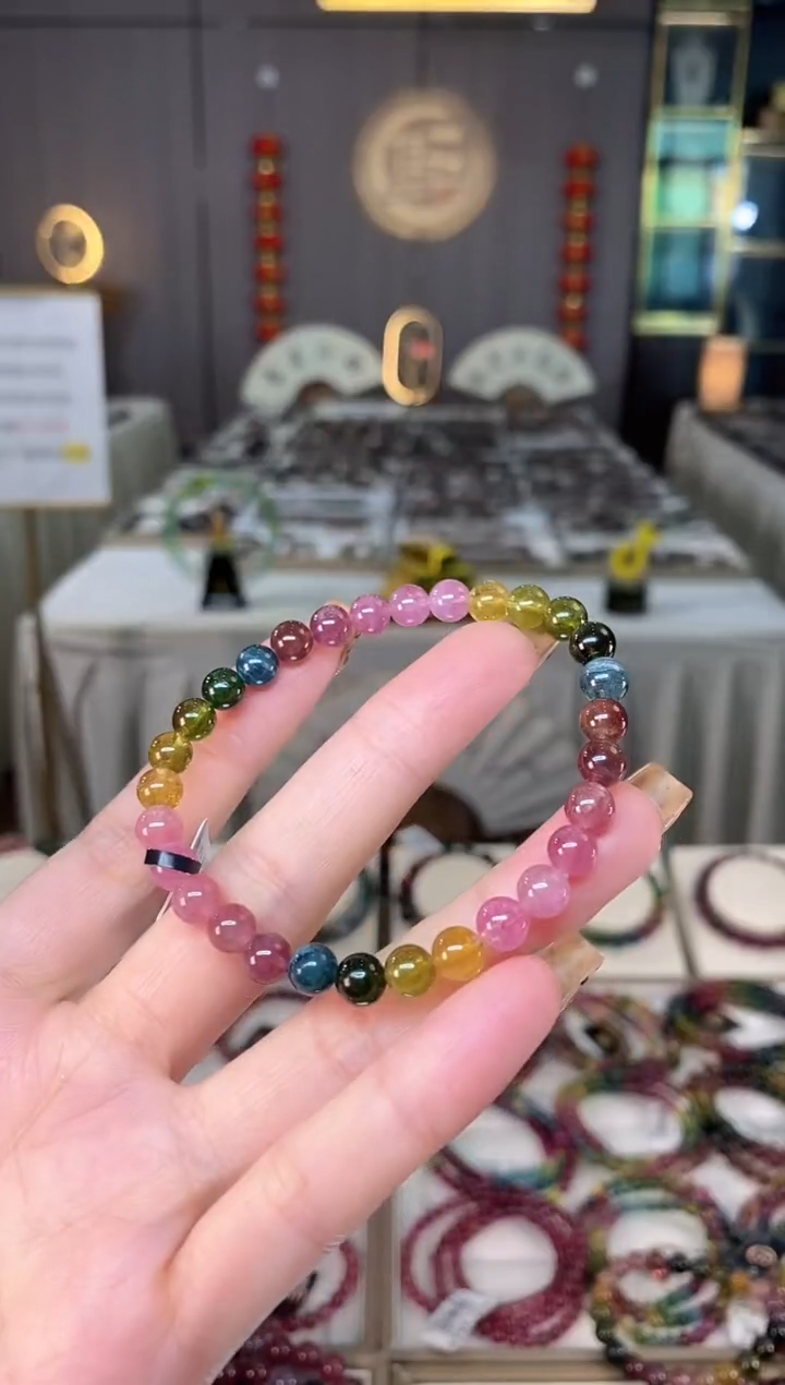 未镶嵌老矿碧玺色标彩单圈手串6mm+碧玺dan多样性发货一条