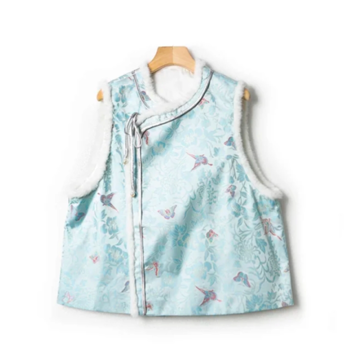 【滴滴亏本清货】新中式国风毛边蝶恋花偏襟系带马甲