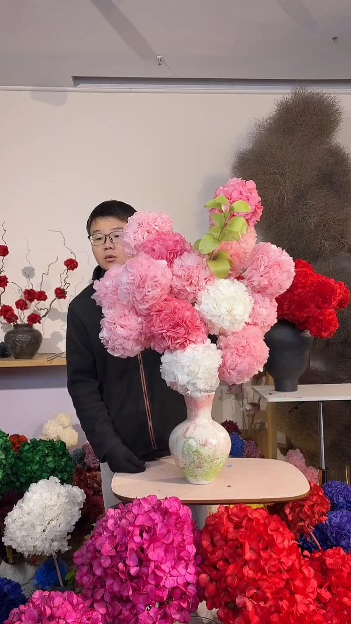 漂色永生大叶绣球花球15+橘叶1枝— 浅粉/深粉