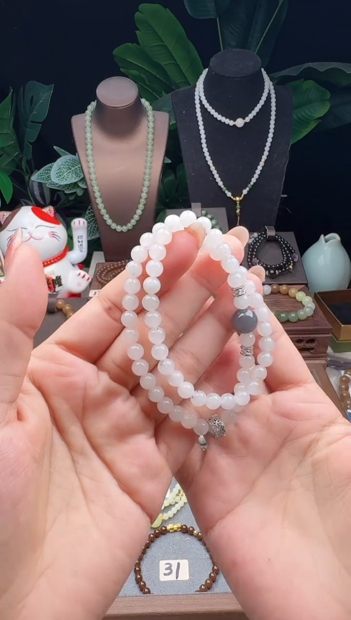 未镶嵌手串和田玉6m点墨青花双圈手串