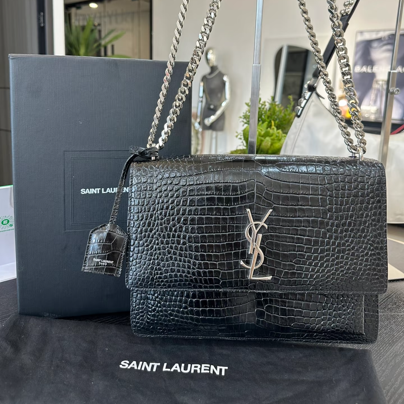 99新 YSL/圣罗兰 黑银鳄压日落大号/单肩链条斜挎包/楠楠