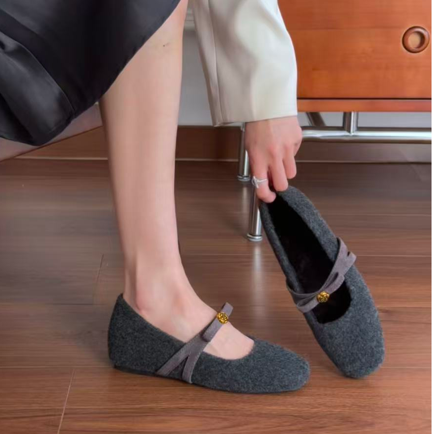 加厚玛丽珍鞋方头内增高豆豆鞋2025秋冬季保暖单鞋休闲鞋女蝴蝶结