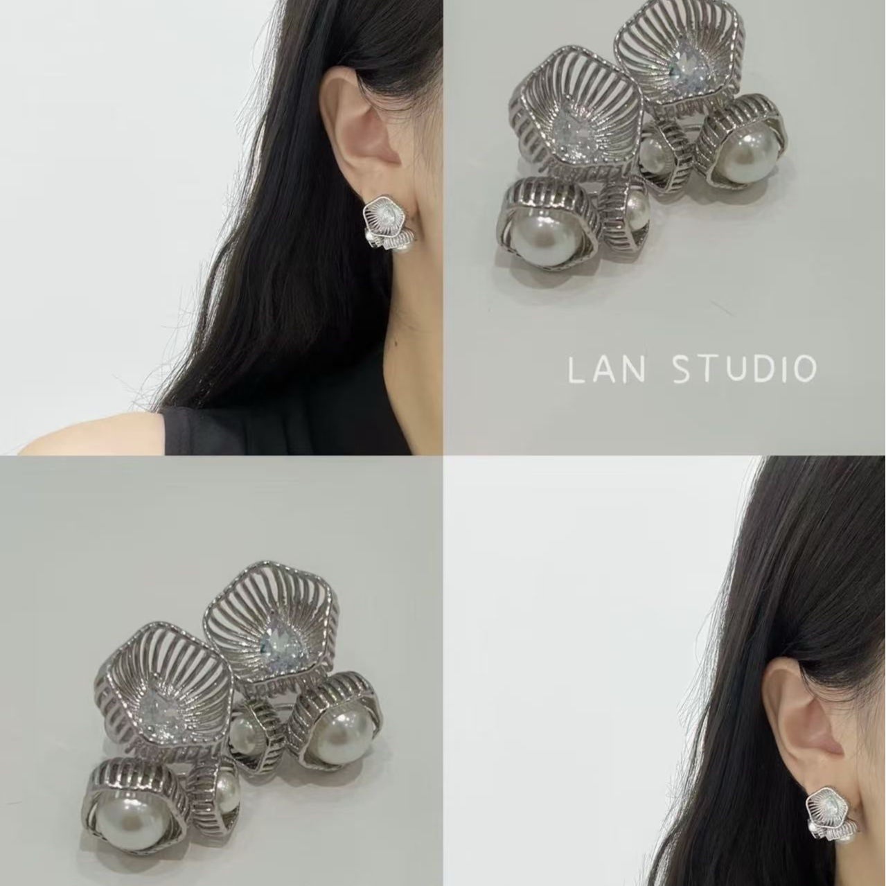 铜合金锆石耳饰 镂空金属花朵点缀珠珠轻奢法式耳饰