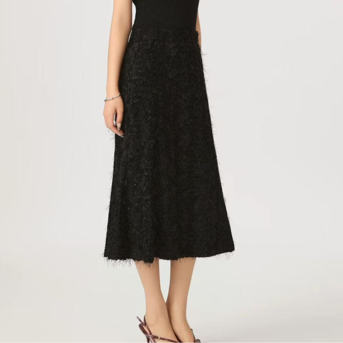 AMASS/阿玛施秋季新款复古小香千金风蕾丝流苏鱼尾半身裙 5200404