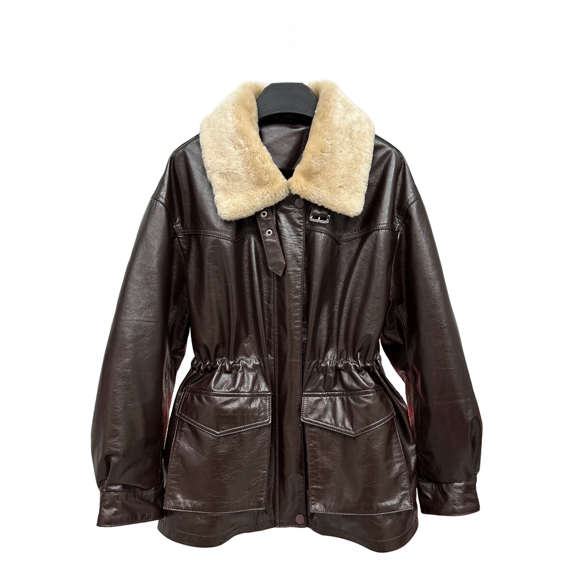 冬季新款中长抽腰真皮油蜡牛皮外套女士皮衣鹅绒