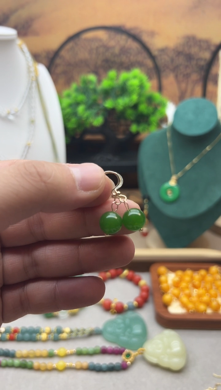 和田玉14K金镶嵌耳饰E52  