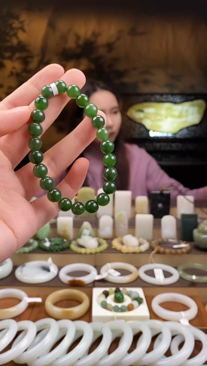 未镶嵌手串和田玉俄碧菠菜绿 8mm