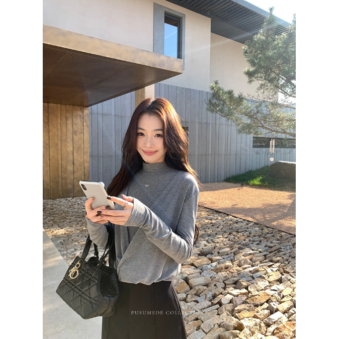 pusumede 优雅线条 气质半高领针织衫女交叉褶皱假两件打底上衣