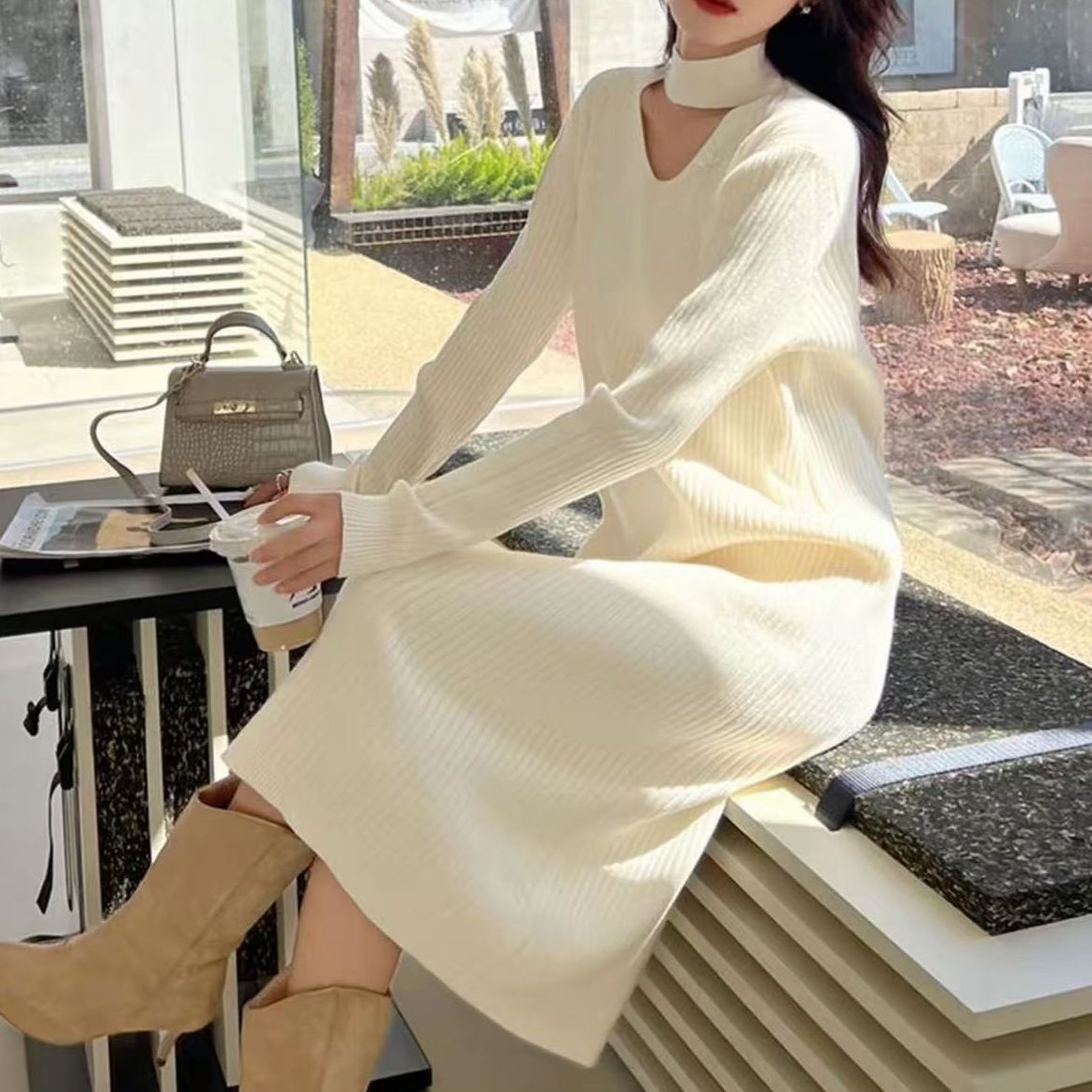 [DARUI]2025新款高级感法式打底气质长款针织连衣裙子9095