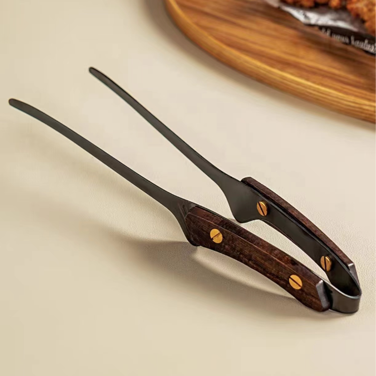 A不锈钢实木柄食物夹烤肉夹野营烧烤配件煎牛排专用食物夹