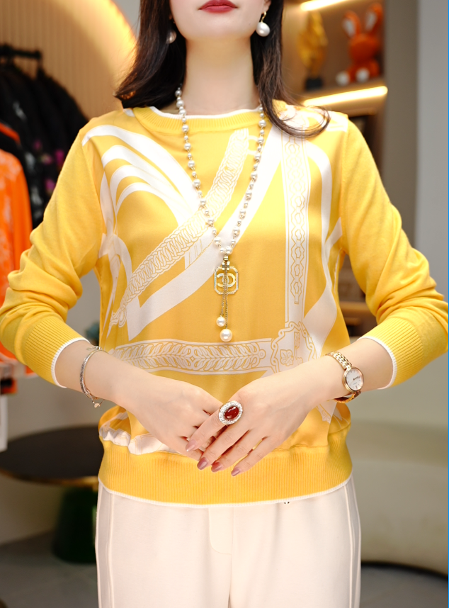 2025秋季新品长袖休闲女士复古印花百搭显瘦气质时尚外套黄色 新