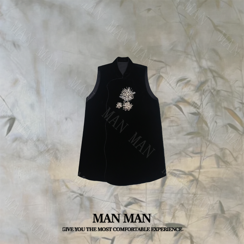 满满-『墨绒星缀国风长马甲』25436时尚气质重磅百搭中式