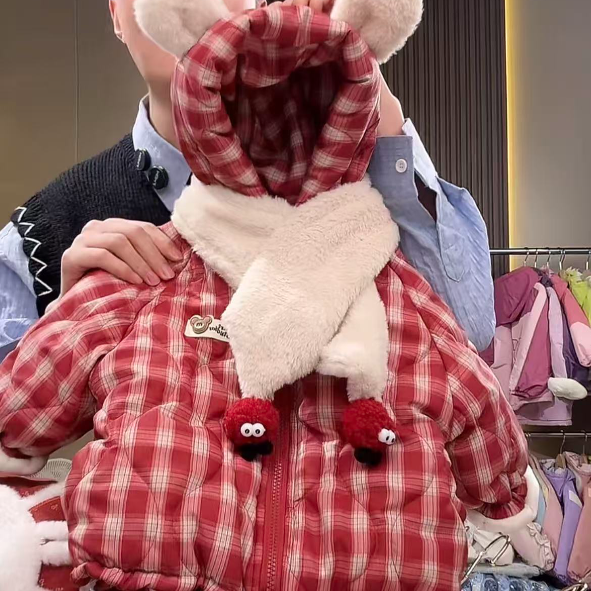 女童加绒棉服外套秋冬新款韩版宝宝加厚棉衣洋气格子小熊棉衣
