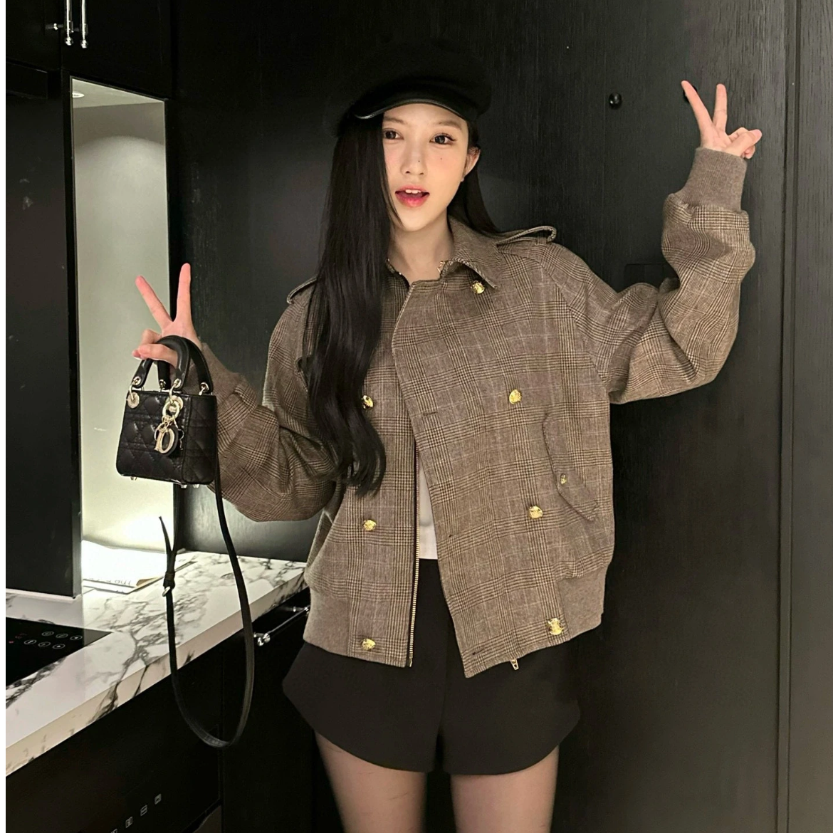 未使用 Celine/思琳 格纹翻领长袖 巧克力色/36