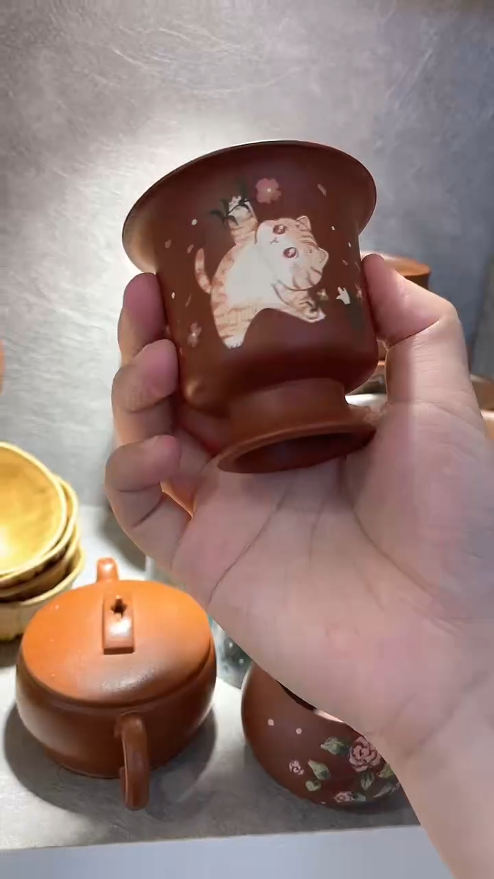 茶壶紫砂朱泥猫猫高足杯