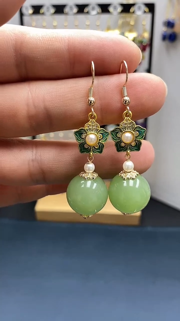 【闪购商品】和田玉耳饰银S925镀金镶嵌尺寸16mmQ1