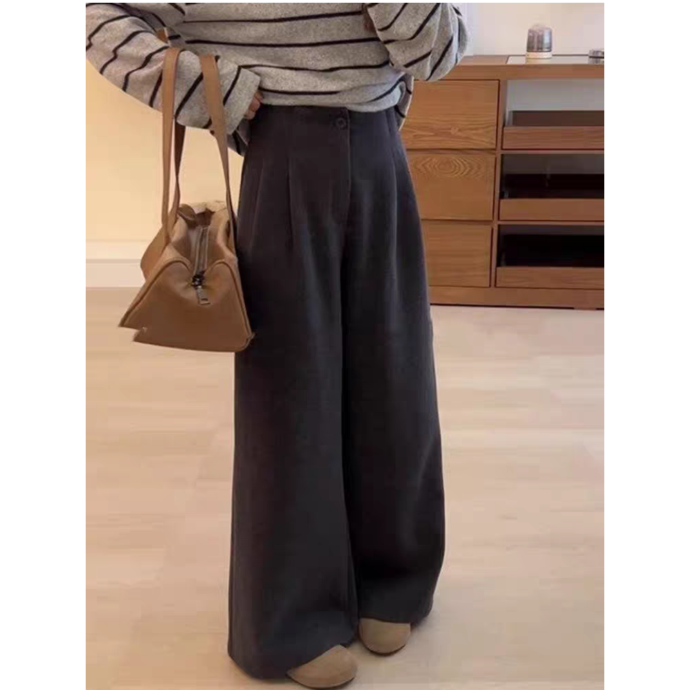 【现货+运费险】慵懒高级感灰色毛呢裤子女款高腰直筒裤阔腿裤