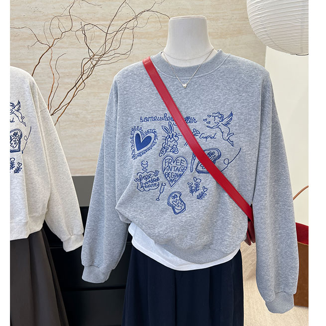 涂鸦爱心秋冬新款圆领卫衣外套女复古宽松200斤胖mm大码时尚