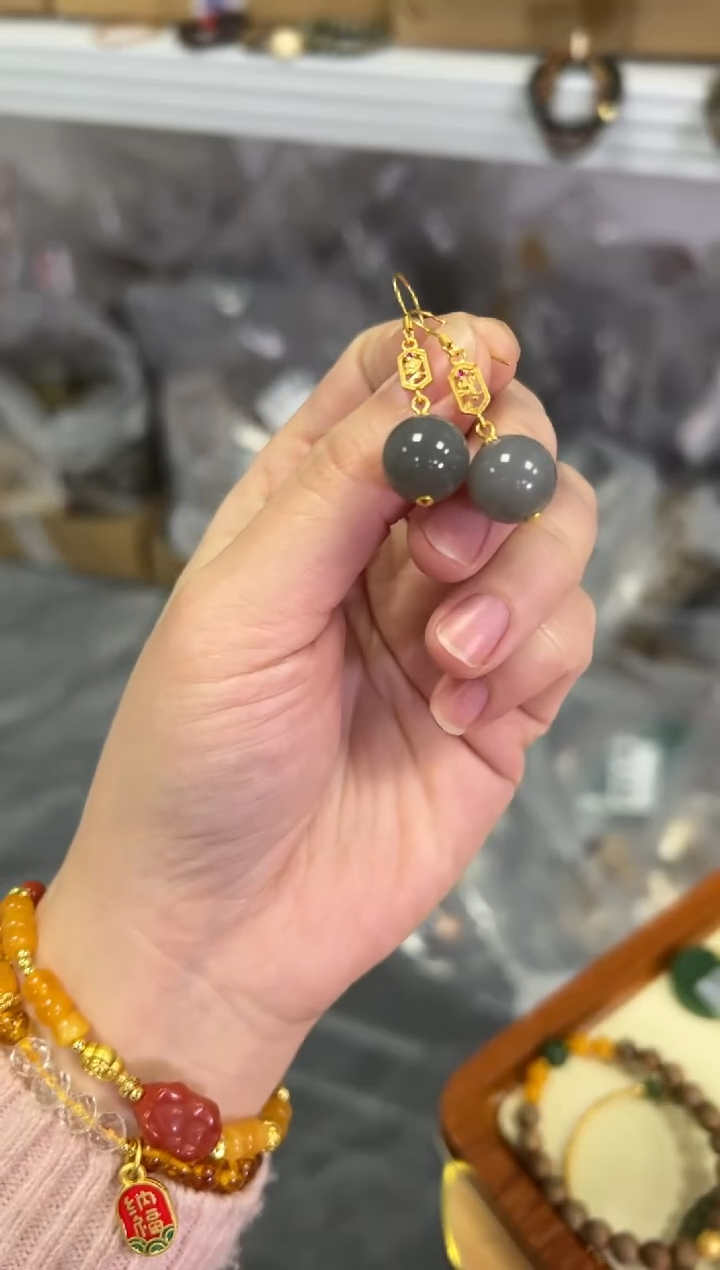 【闪购商品】和田玉耳饰银S925镶嵌和田玉烟紫圆珠银耳环[330]