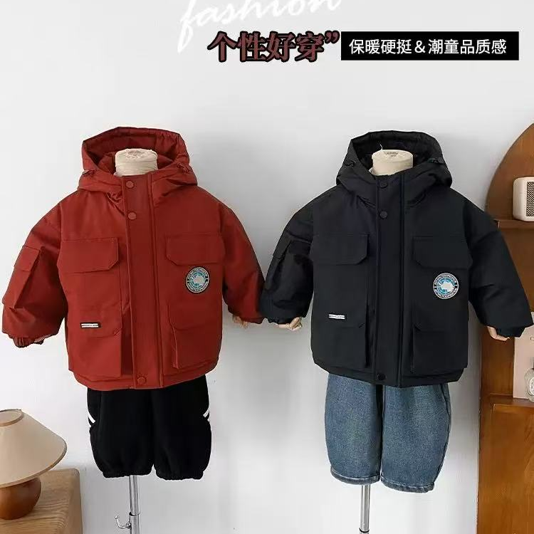 子航同款 冬季新款儿童韩版帅气工装加绒连帽棉服ds7159