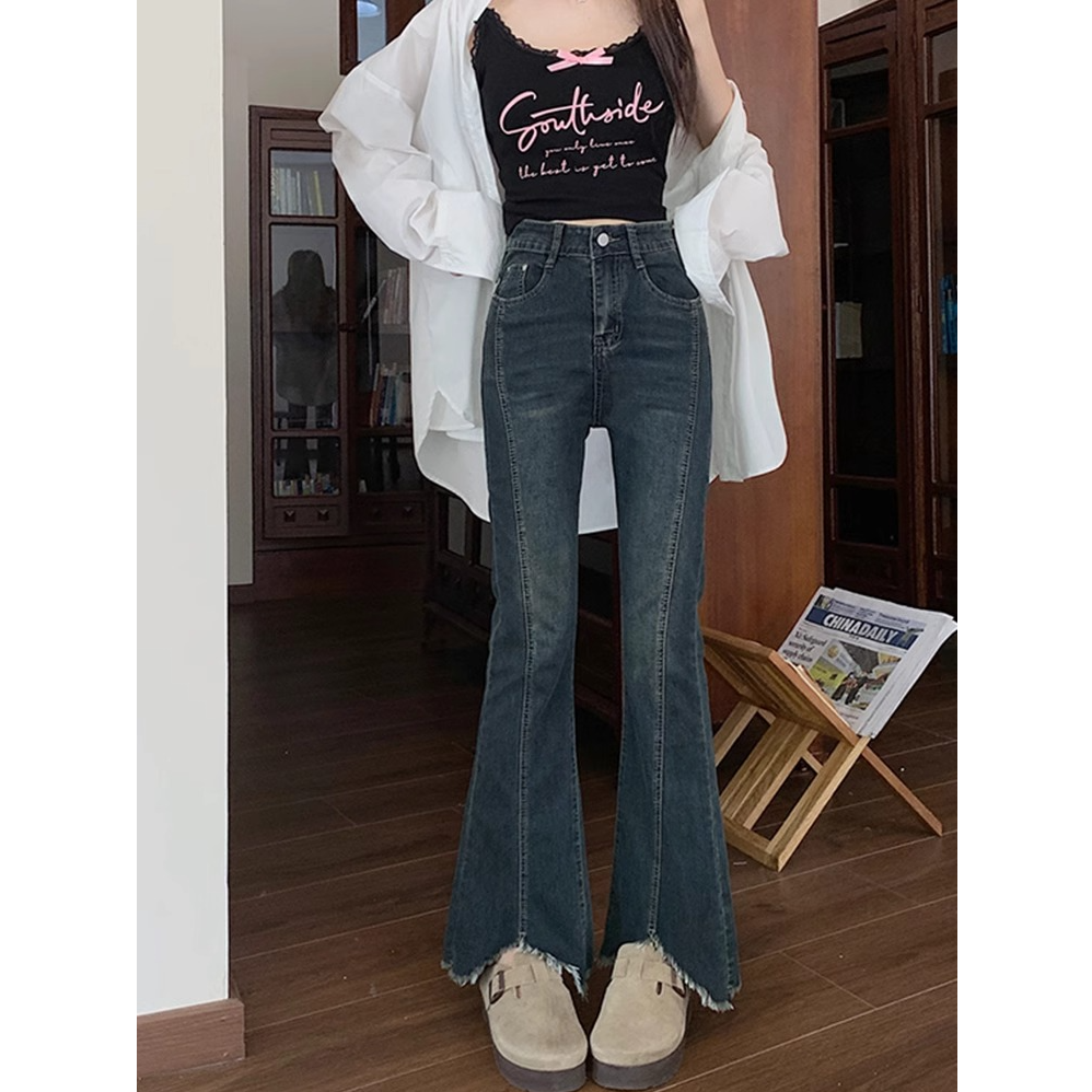 【现货+运费险】微喇秋冬加绒牛仔裤女大码毛边高腰显瘦开叉喇叭裤