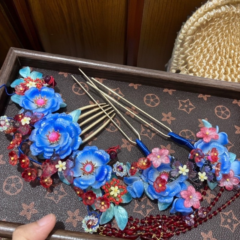 渐变蓝红色系水晶琉璃古风发冠清宫格格新娘头饰流苏发梳发钗套装