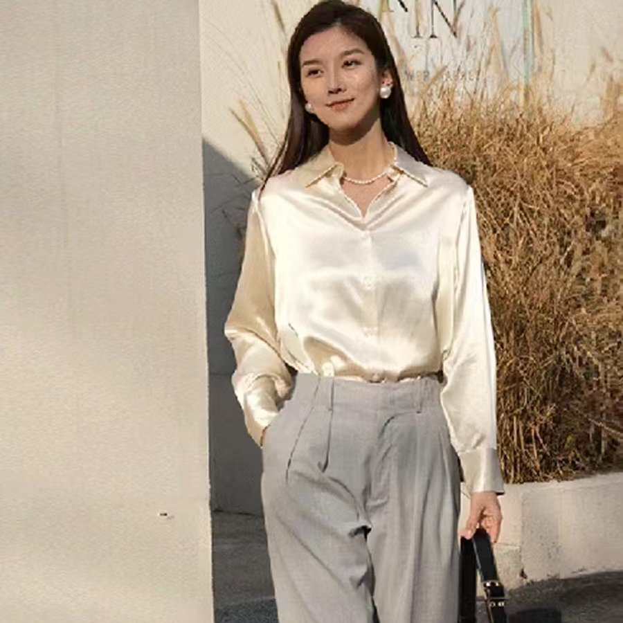 23姆米100桑蚕丝素绉缎基础慵懒百搭桑蚕丝全真丝白色长袖衬衫