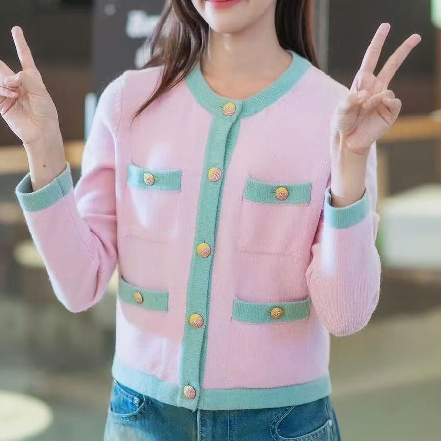 99新 Chanel/香奈儿 24C粉绿羊绒针织上衣 34码