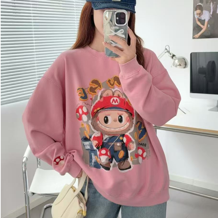 歆和纸袋09063牛仔拉布纯棉毛圈印花刺绣圆领宽松卫衣卡通慵懒秋