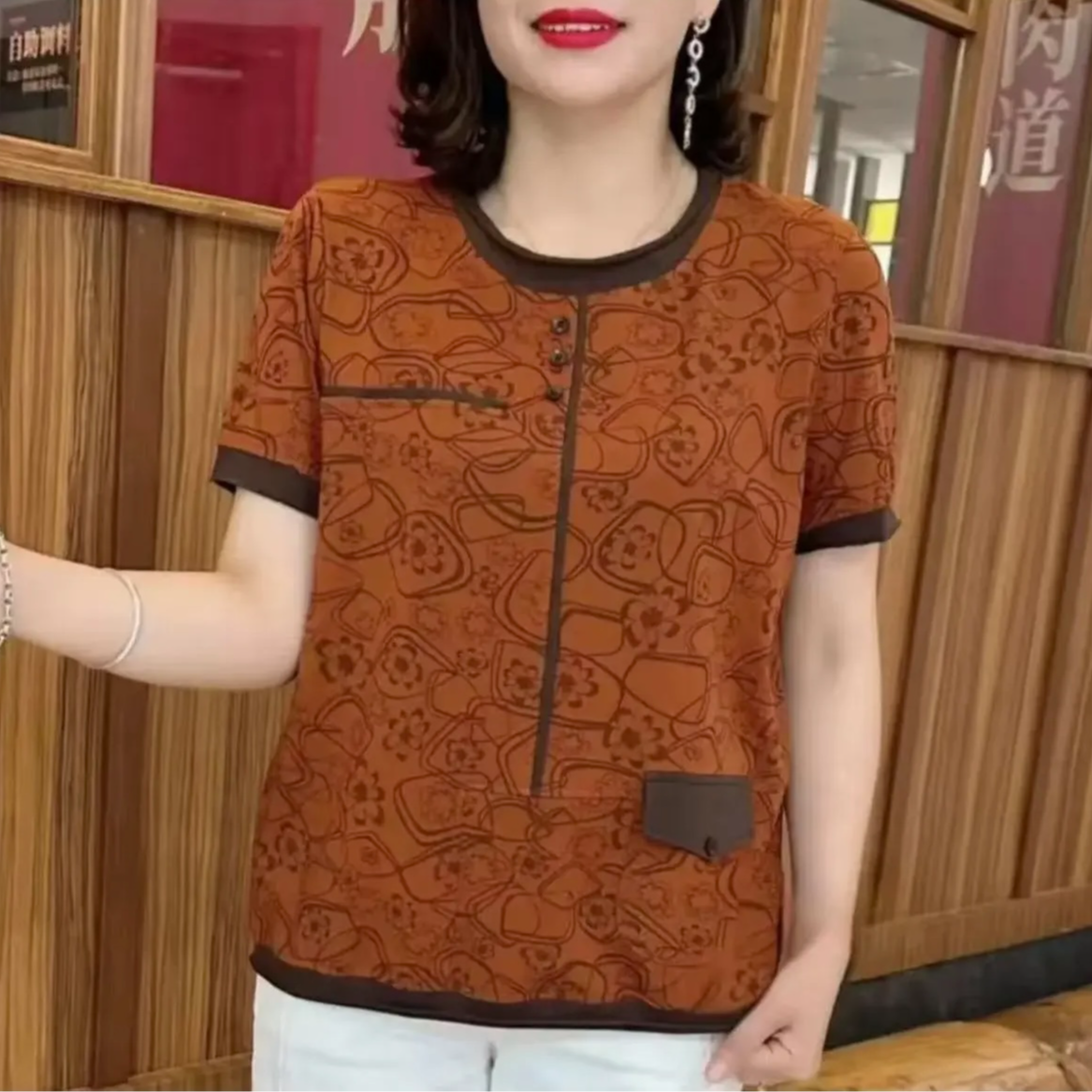 高档上档次洋气妈妈装T恤夏季新款时尚休闲百搭宽松短袖--1339