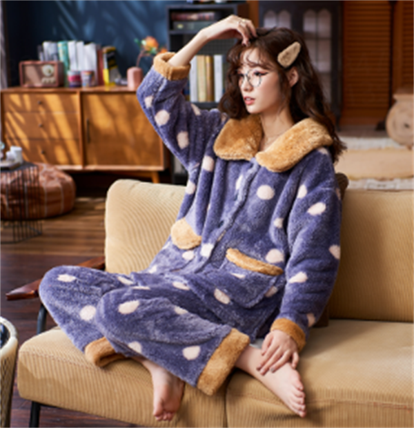 C0081紫色波点法兰绒月子服套装产后M90-120L130XL140